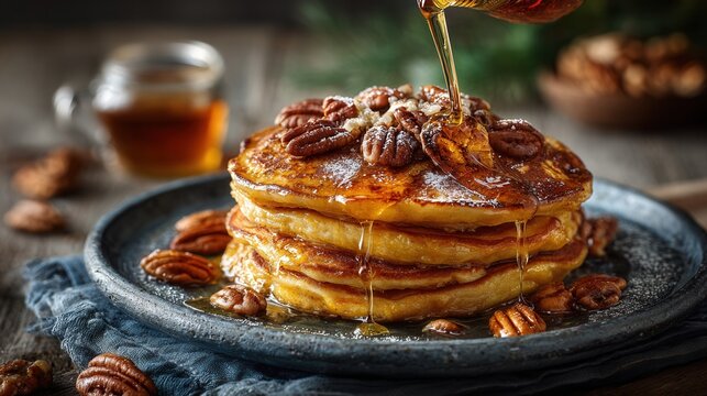 Autumn breakfast with mini pancakes pumpkin pur&eacute;e pecans and maple syrup cozy seasonal food