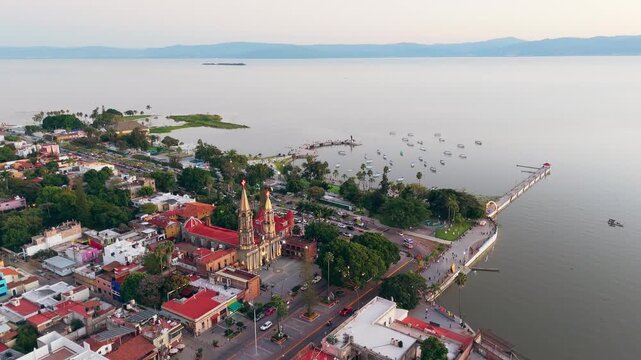 Aerial view of Chapala with its church and pier along the lake in Mexico