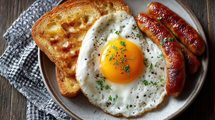 Minimal rustic breakfast with sausages fried egg and toast on white plate