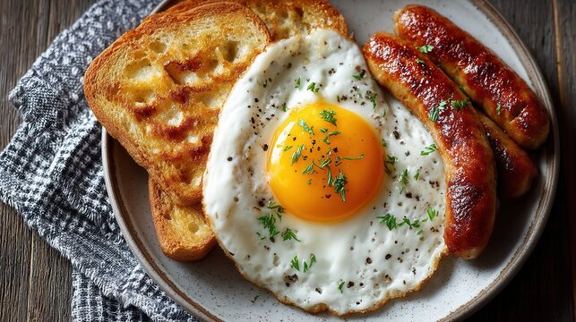 Minimal rustic breakfast with sausages fried egg and toast on white plate - Powered by Adobe