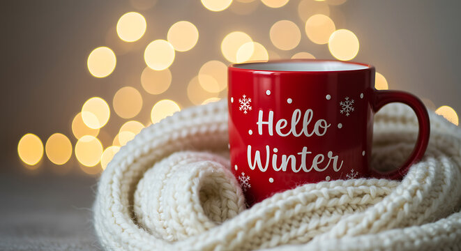 Cozy red mug with hello winter text wrapped in a scarf - Powered by Adobe