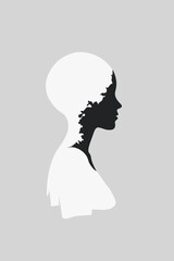 Minimalist silhouette of a woman’s head with an inner profile, symbolizing duality, self-reflection, mental health, and emotional depth in modern conceptual illustration.