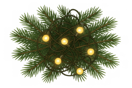 Christmas string lights on pine branches creating a festive holiday decoration with glowing bulbs, transparent background