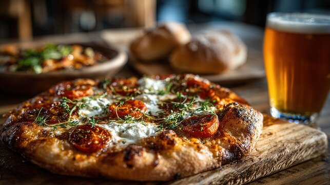 Warm rustic atmosphere margherita pizza with beer cozy weekend dinner concept