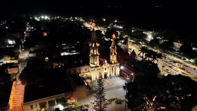 Drone view of Chapala Church illuminated at night. Jalisco, Mexico