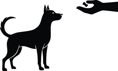 Black silhouette of dog being fed by human hand, pet care and training concept, loyalty and friendship vector illustration design
