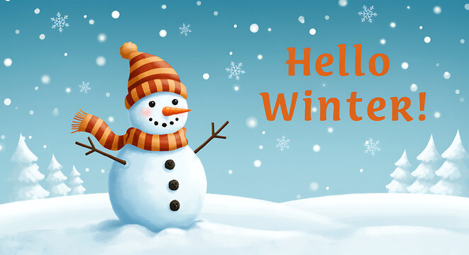 Cute snowman wearing a hat and scarf, waving hello in winter wonderland