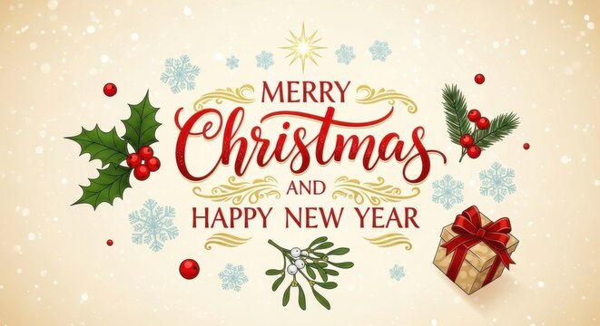 Warm wishes for a joyous Christmas and a bright, prosperous New Year, adorned with festive holly, mistletoe, and a delightful gift.