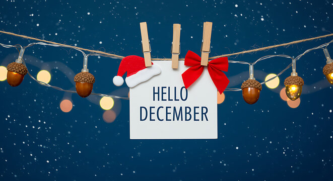 Hello december text on a card hanging on a string with lights