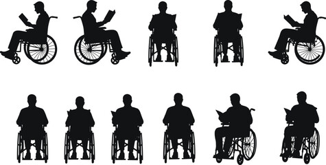 Silhouette of men in wheelchairs reading books, education and disability inclusion concept, accessible learning vector illustration for awareness design