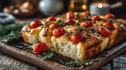 Baking tray with focaccia bread topped with cherry tomatoes and fresh herbs