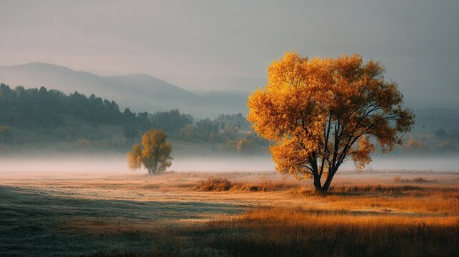 Autumn forest with golden trees yellow foliage and soft sky warm serene landscape