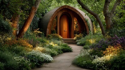 Tiny wooden cabin with eco design and arched entrance surrounded by lush plants and vibrant greenery