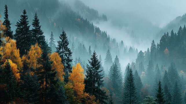 Tranquil autumn landscape with golden trees in morning mist and soft pastel light