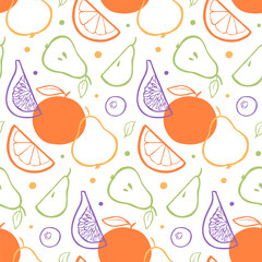 Seamless pattern with stylized hand-drawn fruits and berries. Summer design for wallpaper, fabric, print, or packaging. Vector line illustrations isolated on a white background.