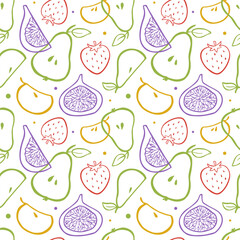 Vector seamless pattern with line drawing of fruits and berries isolated on a white background. Summer design for wallpaper, fabric, textile, or wrapping paper.