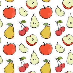 Seamless pattern with vector pears, apples, and cherries. Summer design for wallpaper, fabric, textile, or wrapping paper. Line and watercolor fruits illustration isolated on white background.