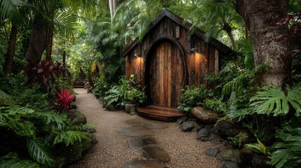 Tiny wooden cabin with eco design and arched entrance surrounded by lush plants and vibrant greenery