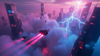 Futuristic city skyline with flying ships and lightning storm