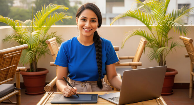 Indian freelance illustrator working with pen tablet on terrace for portfolio profiles or commission requests about custom portraits or logos, useful for marketplaces or creative service listings
