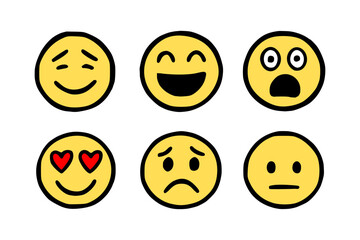 Expressive emoji collection conveying love, sadness, surprise, neutrality, and joy perfect for social media, marketing, or digital communication projects