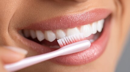 Naklejka premium Close-Up View of Woman Brushing Teeth to Maintain Oral Hygiene and Prevent Gum Disease with Toothbrush and Focus on Brushing Technique for Healthy Smiles