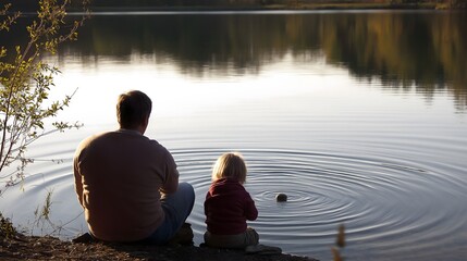 Father and child enjoy quiet moments by the lake at sunset