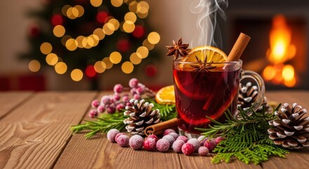 Savor warm mulled wine with festive holiday decorations, steaming from a glass mug next to frosted cranberries and pinecones, evoking cozy winter cheer.