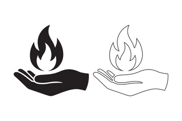 Hand holding a flame in black and white outline styles