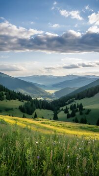 Lush green valley with rolling hills, wildflowers and distant misty mountains image
