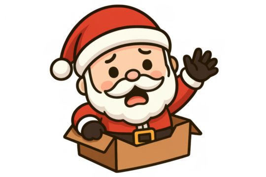 Santa claus cartoon character appearing from a box, waving hand with a worried facial expression, shipping christmas gifts