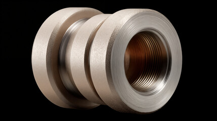 Precision threaded metal bushing components with detailed spiral grooves isolated on black background, industrial machinery parts