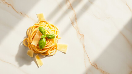 A small nest of spaghetti topped with fresh basil and parmesan shavings rests on a light marble surface. Soft shadows and warm light create a clean, inviting food scene suitable for recipes and dining