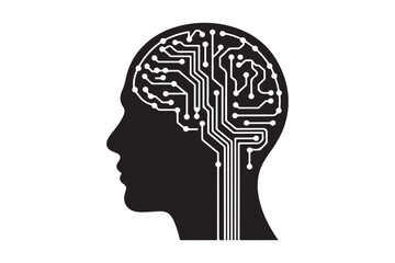 Human head silhouette with integrated circuitry brain