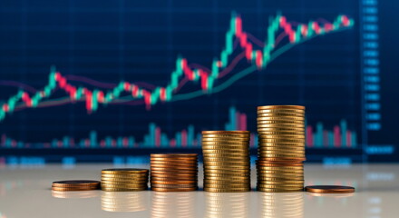 Gold coin stack and colorful financial stock market chart with candlestick graph. Digital economy and finance.