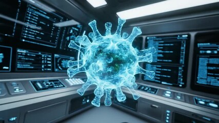 Glowing blue virus hologram displayed on futuristic scientific computer screens for analysis - Powered by Adobe