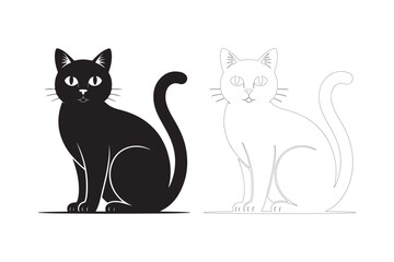 Black cat silhouette and outline drawing