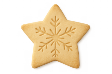 Sugar cookie in a star shape with an embossed snowflake pattern, symbolizing winter holidays and festive treats