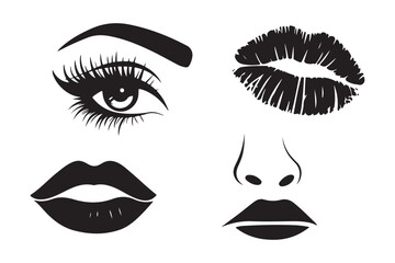 Black and white sketch of makeup elements eye lips nose and kiss mark