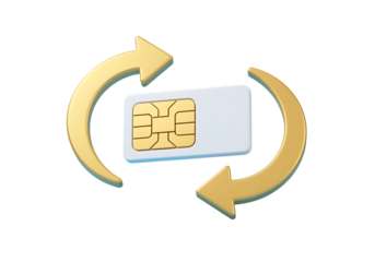 Golden arrows circling a sim card illustration on transparent background