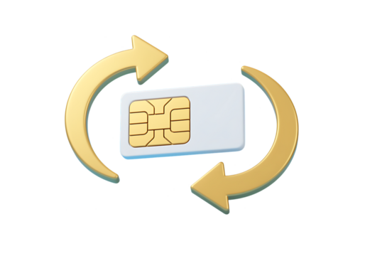 Golden arrows circling a sim card illustration on transparent background