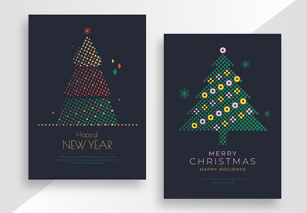 Modern Christmas Greeting Cards Layout with Geometric Dot Pattern Xmas Trees