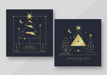 Merry Christmas and New Year Greeting Cards with Elegant Gold Trees