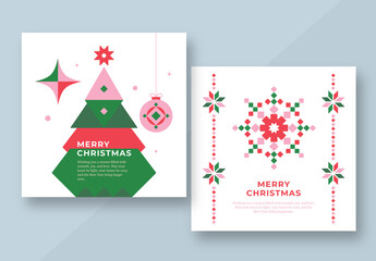 Geometric Christmas Greeting Cards Layout with Xmas Tree and Snowflake