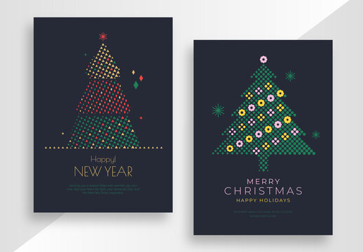 Modern Christmas Greeting Cards Layout with Geometric Dot Pattern Xmas Trees