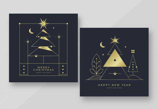 Merry Christmas and New Year Greeting Cards with Elegant Gold Trees