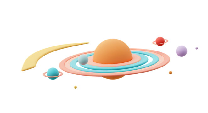 Colorful cartoon planets and rings floating in space on transparent background