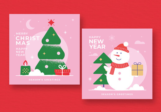 Pink Christmas Greeting Card Layout with Snowman and Decorated Xmas Tree