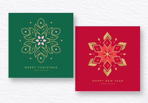 Elegant Christmas and New Year Greeting cards with Symmetrical Golden Snowflakes
