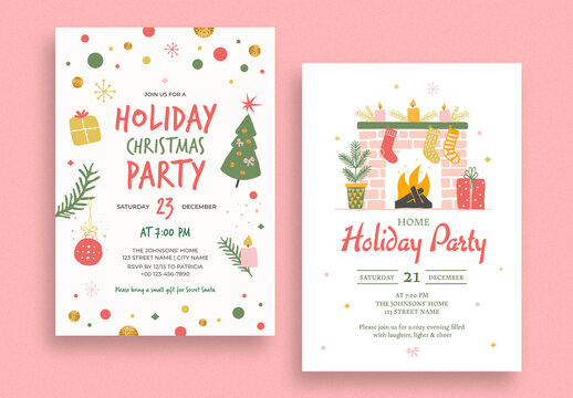 Holiday Christmas Party Invitation Layout with Festive Decorations and Fireplace